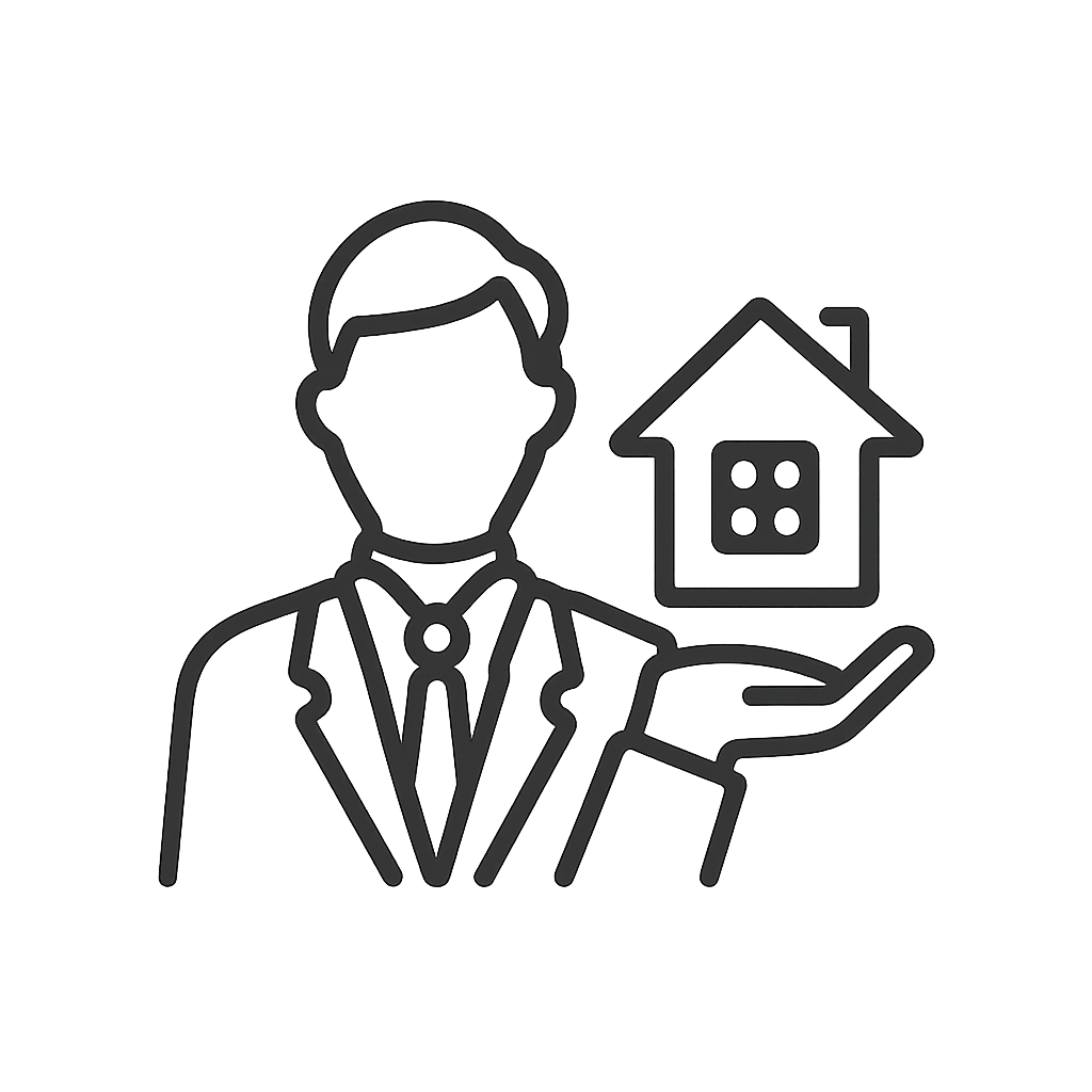 A simple line drawing of a man in a suit holding a house.